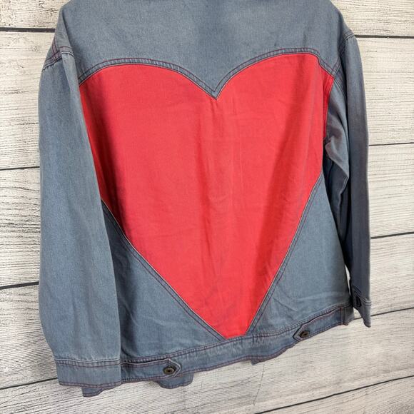 Oddy Women's Blue Jean Pink Heart Back Basic Denim Jacket Size Small - Picture 6 of 7